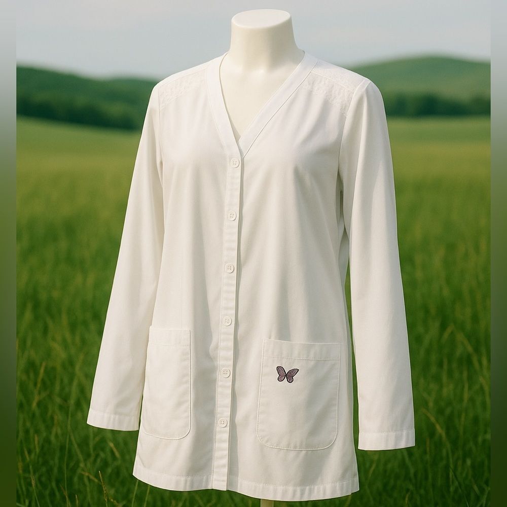 Mariposa White Lab Coat scrub with butterfly LARGE